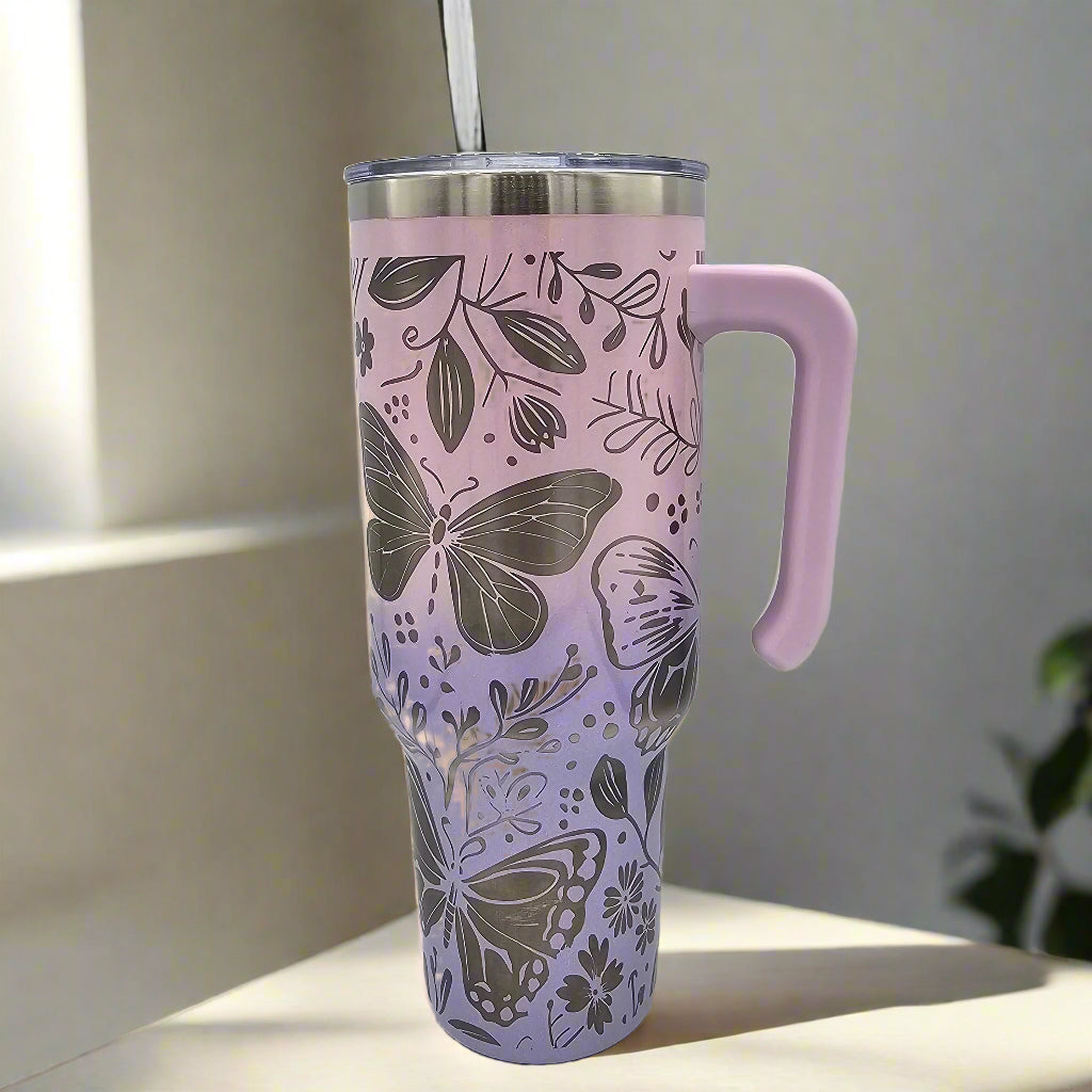40oz Butterfly Tumbler - Laser Engraved with straw and closable lid