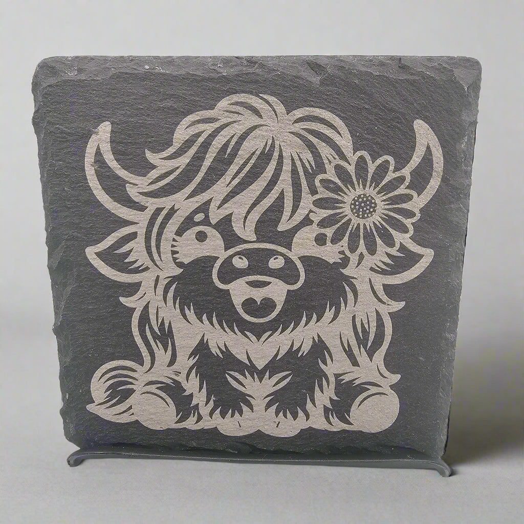 Baby Highland Cow laser engraved slate coaster