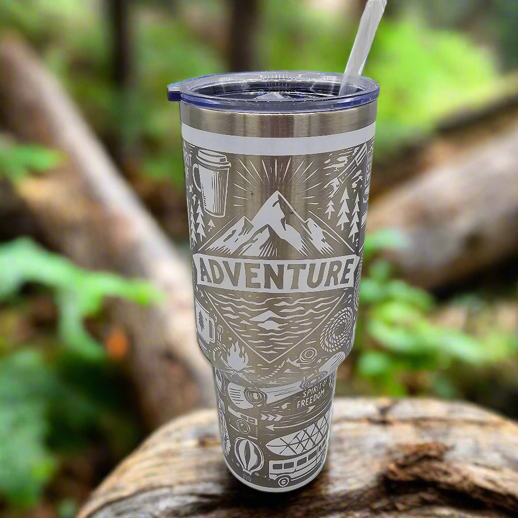 adventure hiking laser engraved tumbler with handle and straw
