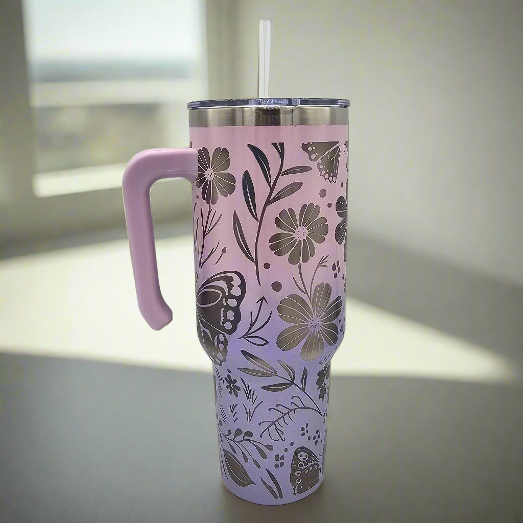 40oz Butterfly Tumbler - Laser Engraved with straw and closable lid