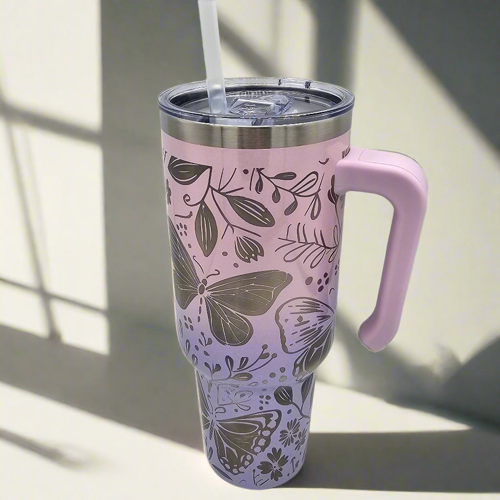 40oz Butterfly Tumbler - Laser Engraved with straw and closable lid