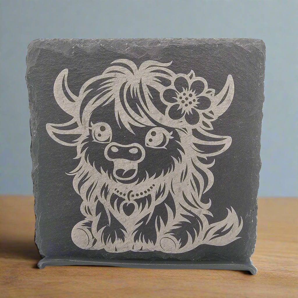 Baby Highland Cow laser engraved slate coaster