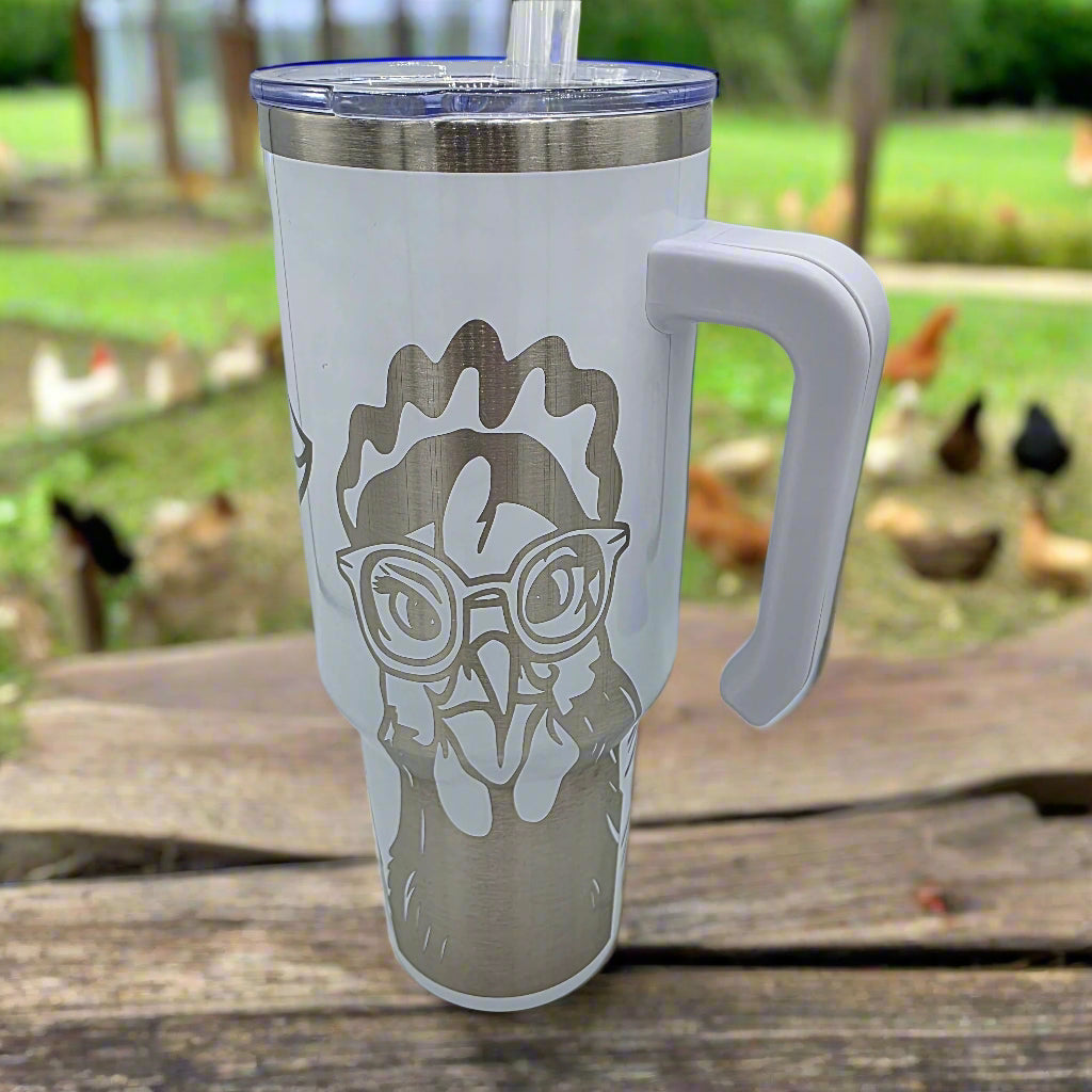 Crazy Chickens White Tumbler - Laser Engraved stainless steel 40oz
