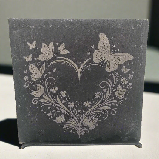 Heart Flowers Butterfly Slate Coaster