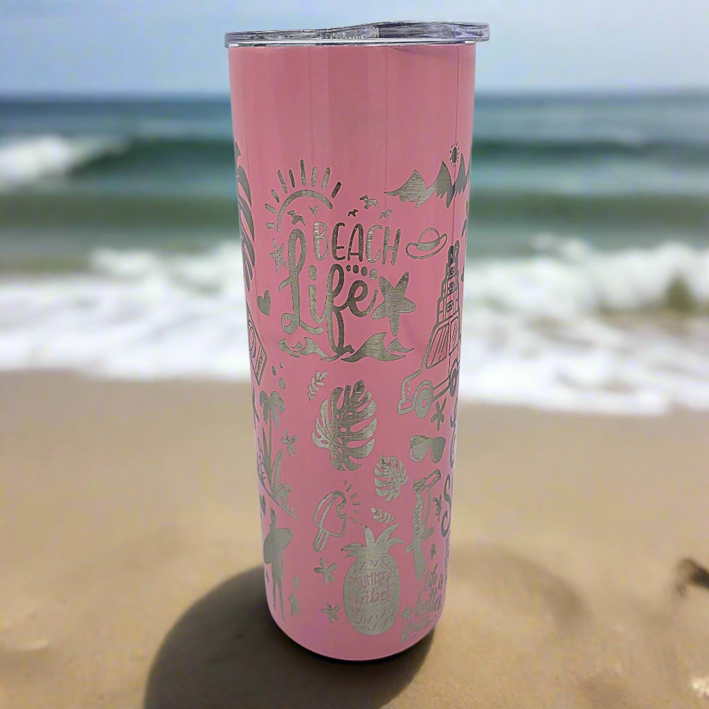 Pink Beach Vibes Summer Girl 20oz stainless steel laser engraves tumbler