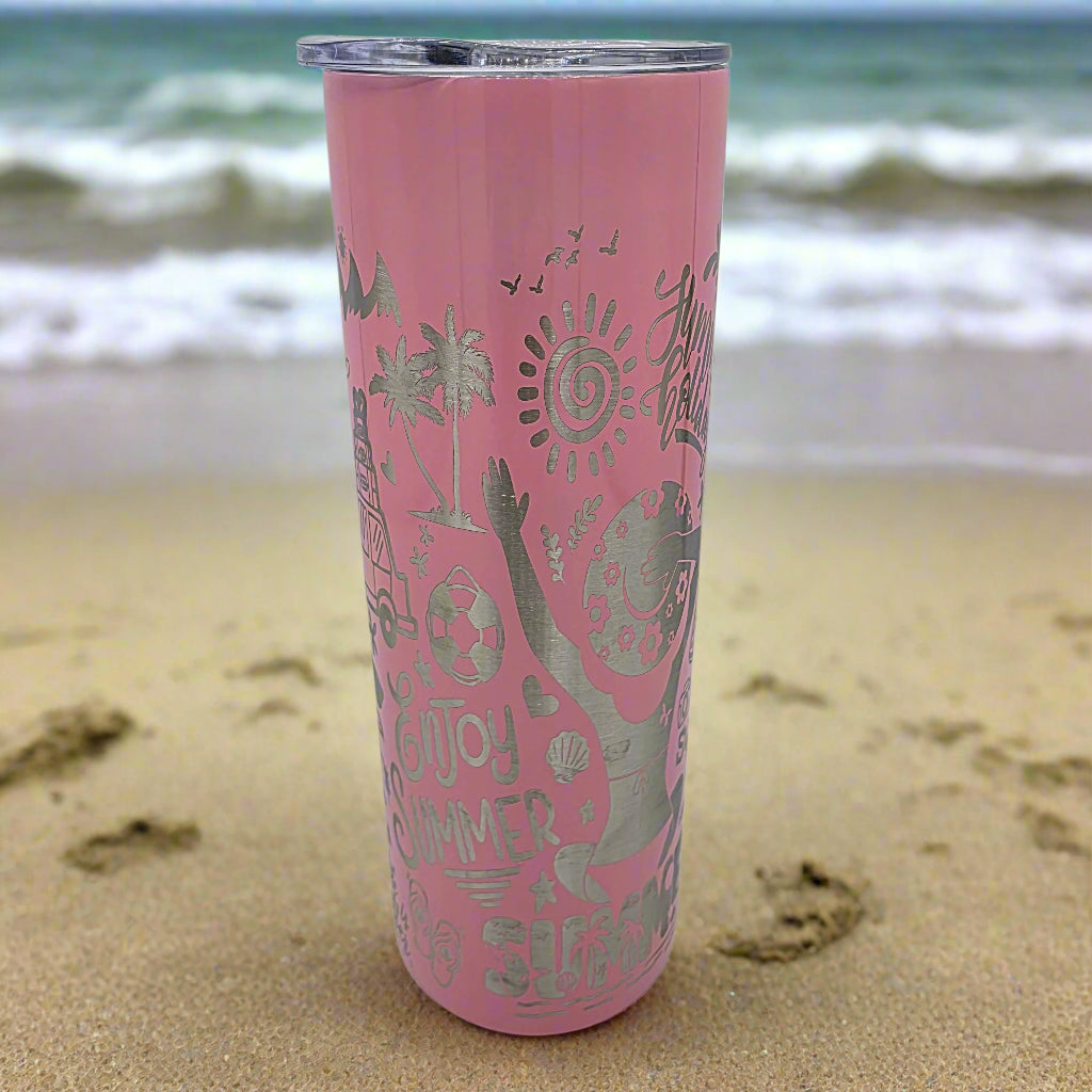 Pink Beach Vibes Summer Girl 20oz stainless steel laser engraves tumbler