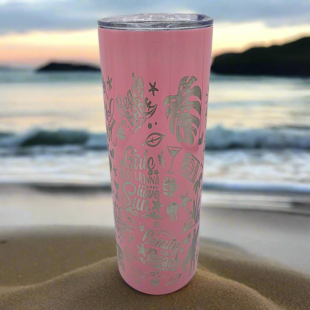 Pink Beach Vibes Summer Girl 20oz stainless steel laser engraves tumbler