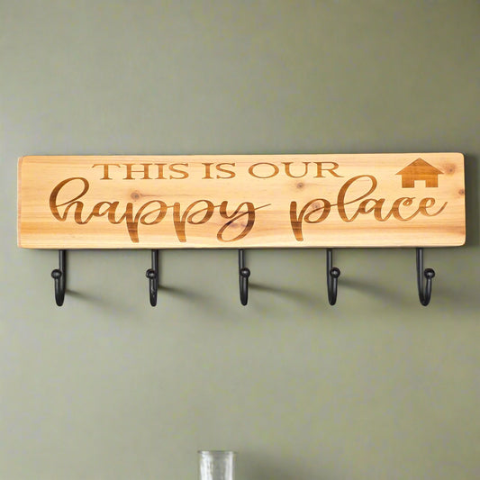 This Is Our Happy Place Wood Engraved Coat Rack Sign